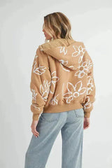 Floral Sherpa Hoodie - Zip-Up Fleece Jacket with Pockets
