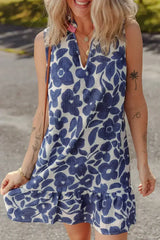 Blue Floral Sleeveless Notched V Neck Mini Dress - Femstylo