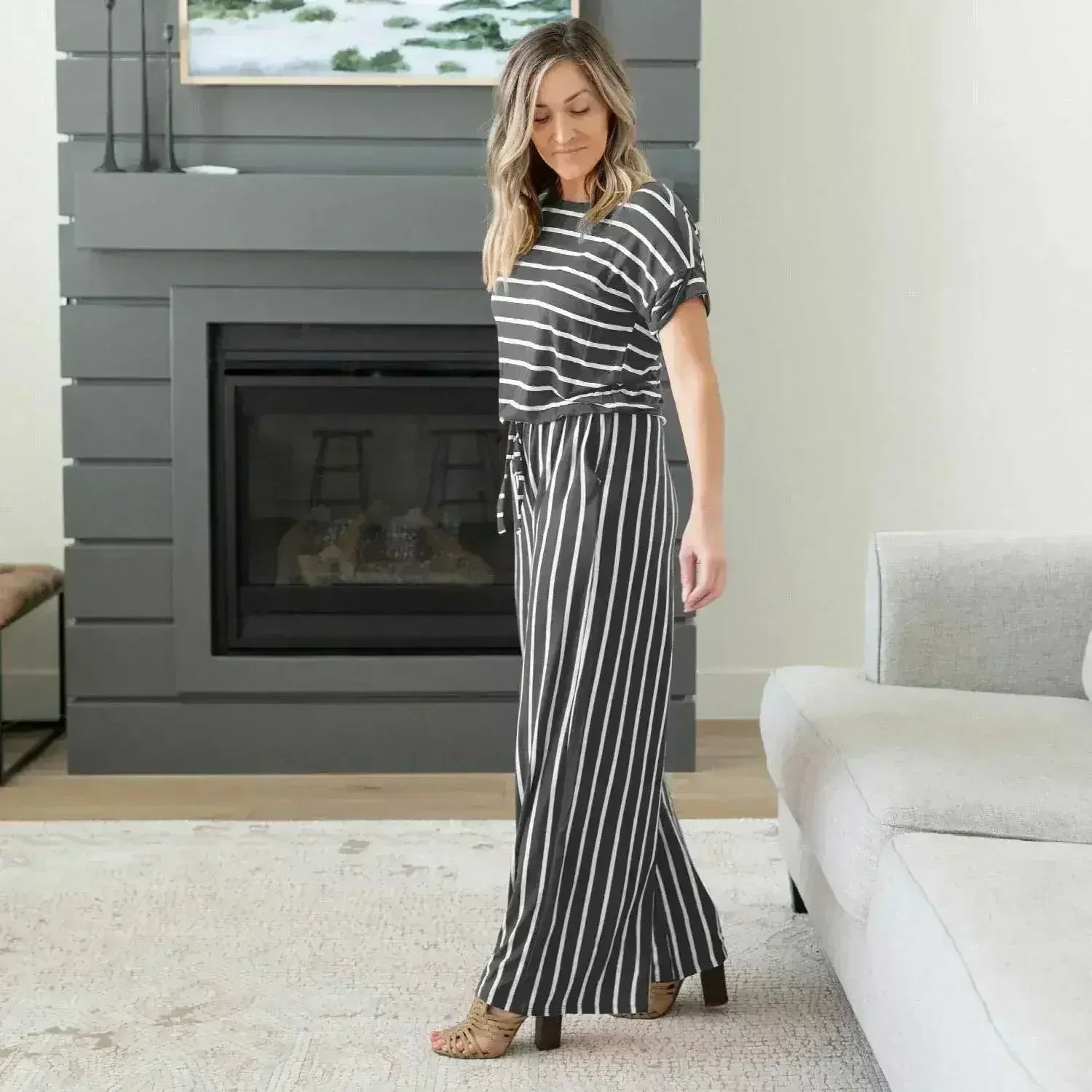 Stripe Jumpsuit Elastic Waist Back Keyhole - Femstylo