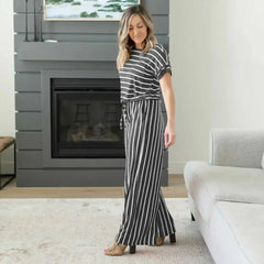Stripe Jumpsuit Elastic Waist Back Keyhole - Femstylo