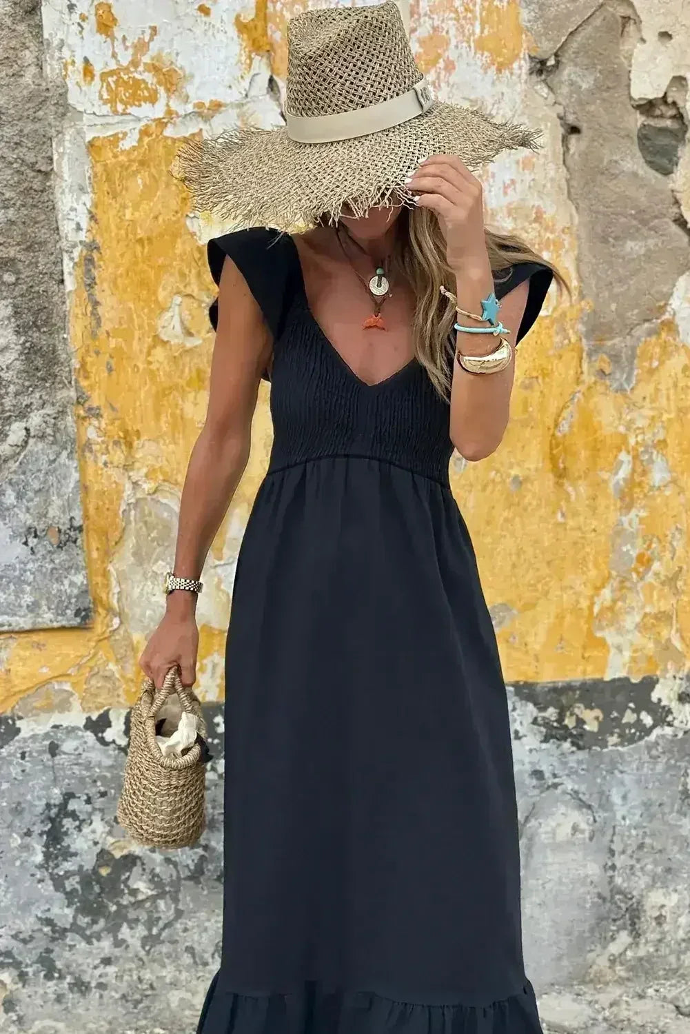 Black V Neck Flutter Sleeve Smocked Bodice High Waist Ruffle Maxi Dress - Femstylo