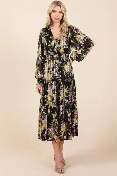 Mittoshop Flower Print Satin Lurex Stripe Smocked Midi Dress - Femstylo