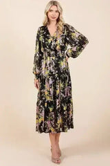 Mittoshop Flower Print Satin Lurex Stripe Smocked Midi Dress - Femstylo