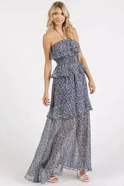 Mittoshop Ruffled Smocked Floral Halter Neck Maxi Dress - Femstylo