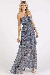 Mittoshop Ruffled Smocked Floral Halter Neck Maxi Dress - Femstylo