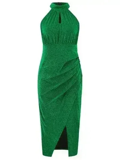 Slit Ruched Mock Neck Sleeveless Dress - Femstylo