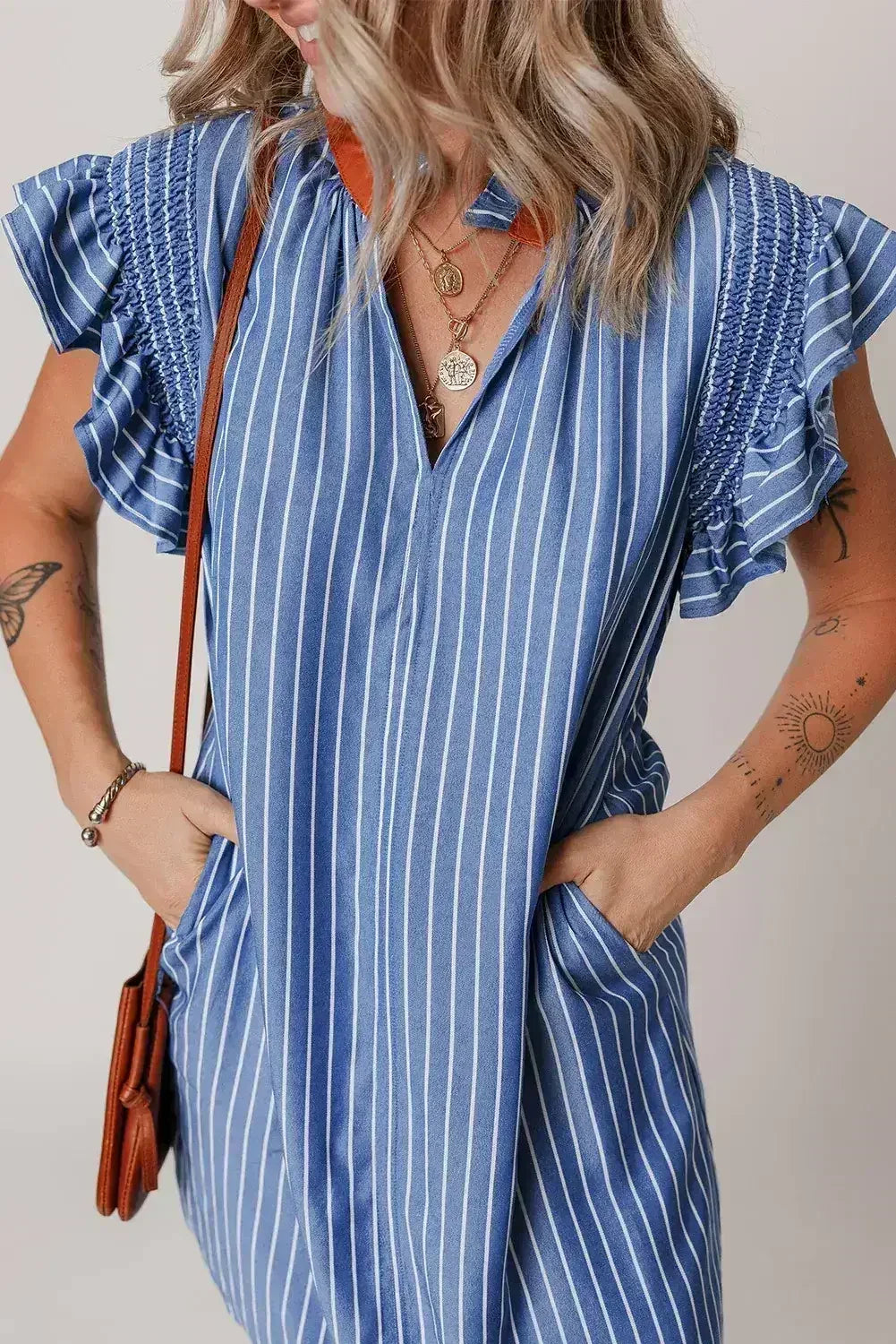 Sky Blue Stripe Frilly Split Neck Shirred Ruffle Sleeve Mini Shift Dress - Femstylo