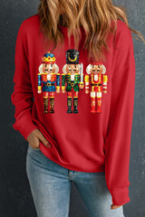 Red Christmas Metallic Nutcracker Heat Transfer Printing Graphic Crew Neck Sweatshirt