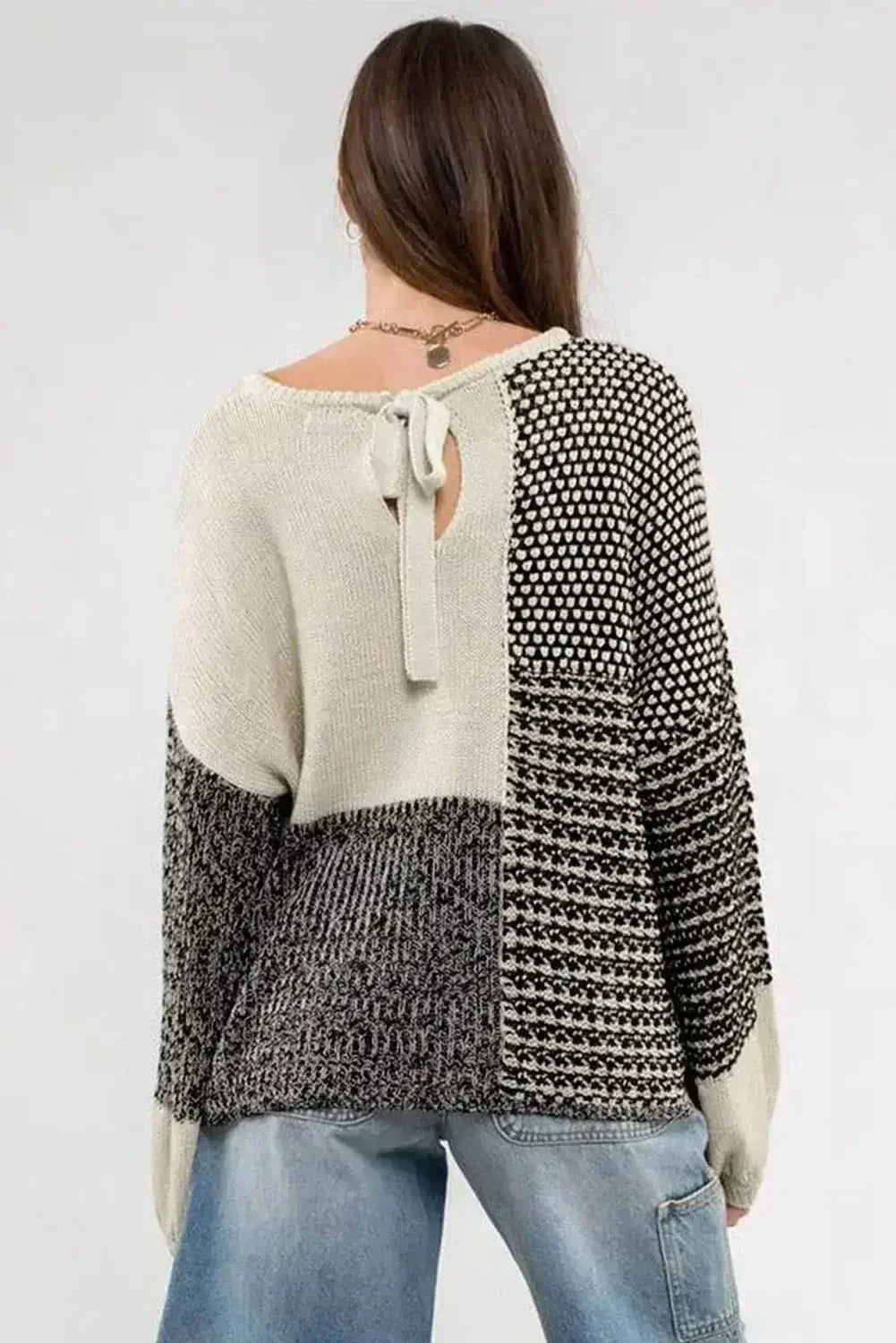 Pink Colorblock Tie Back Drop Shoulder Knit Sweater - Femstylo