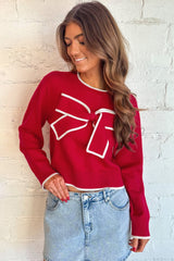 Fiery Red Contrast Trim Big Bow Accent Cropped Sweater