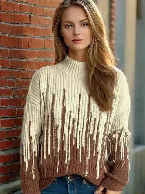 Contrast Mock Neck Long Sleeve Sweater - Femstylo