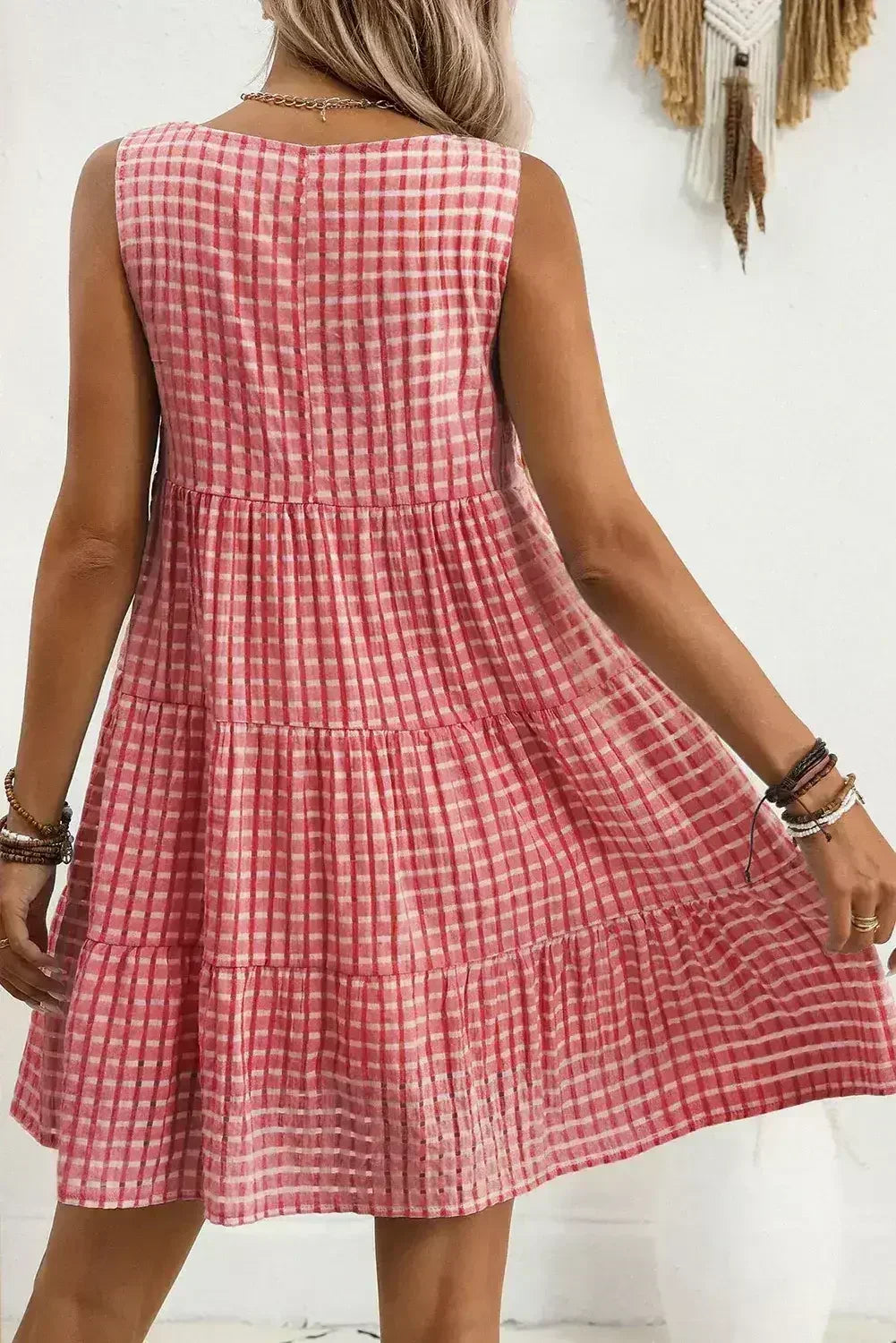 Light Blue Gingham High Waist Sleeveless Mini Dress - Femstylo