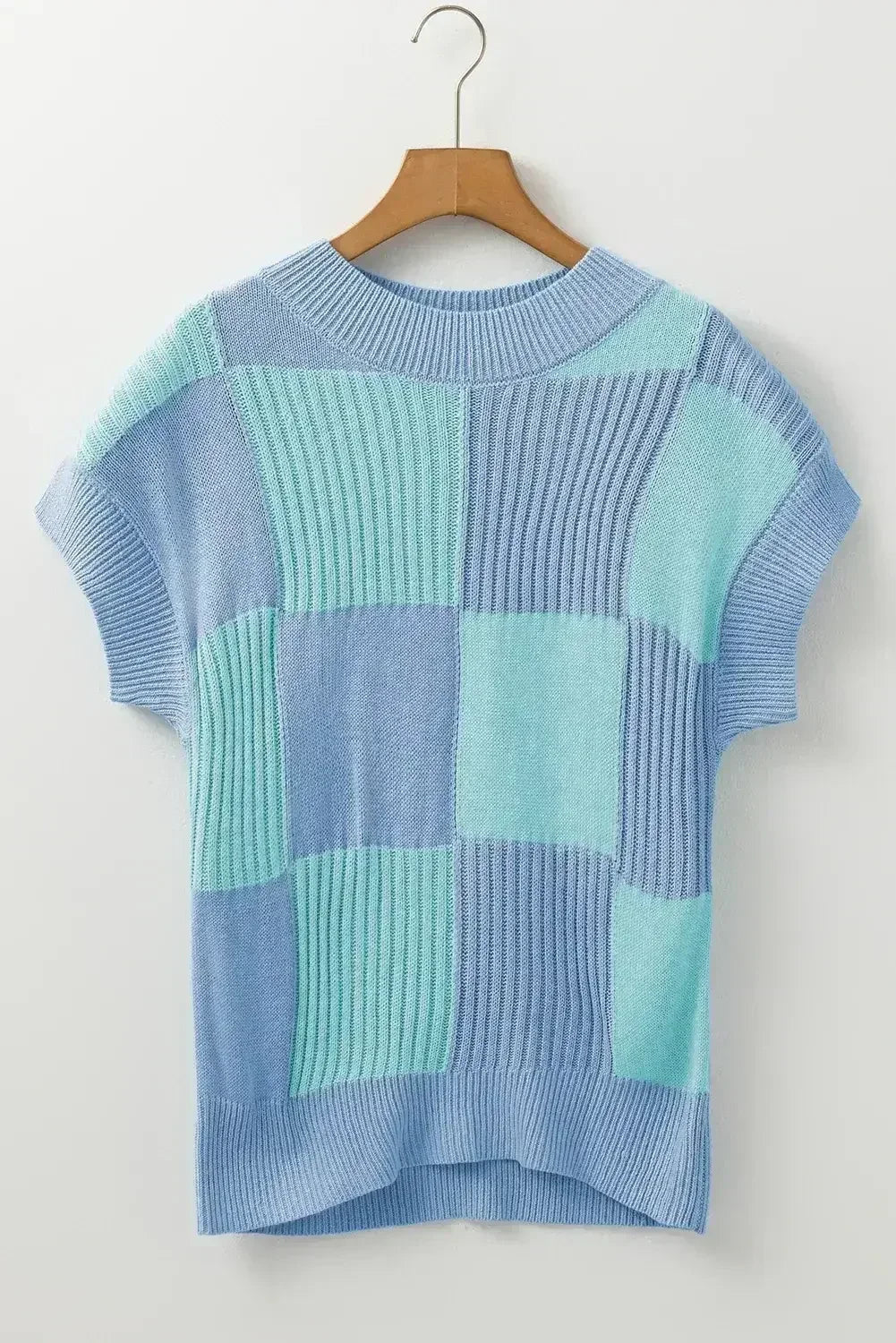 Light Blue Checkered Color Block Crew Neck Short Sleeve Sweater - Femstylo