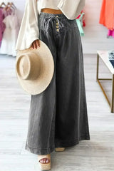 Carbon Grey Mineral Wash Button High Waist Wide Leg Jeans - Femstylo