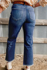 Sail Blue Mineral Wash Raw Hem High Waist Flared Jeans - Femstylo