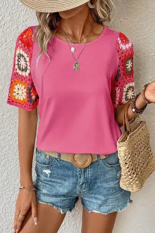 Geometric Round Neck Short Sleeve Blouse | Femstylo - Femstylo