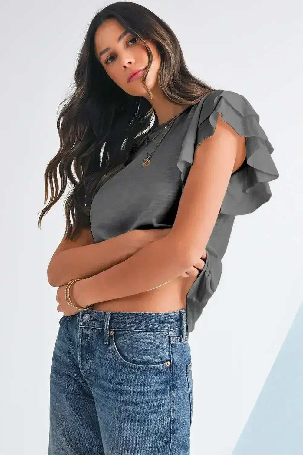 Dark Grey Ruffle Sleeve Plain Blouse | Femstylo - Femstylo