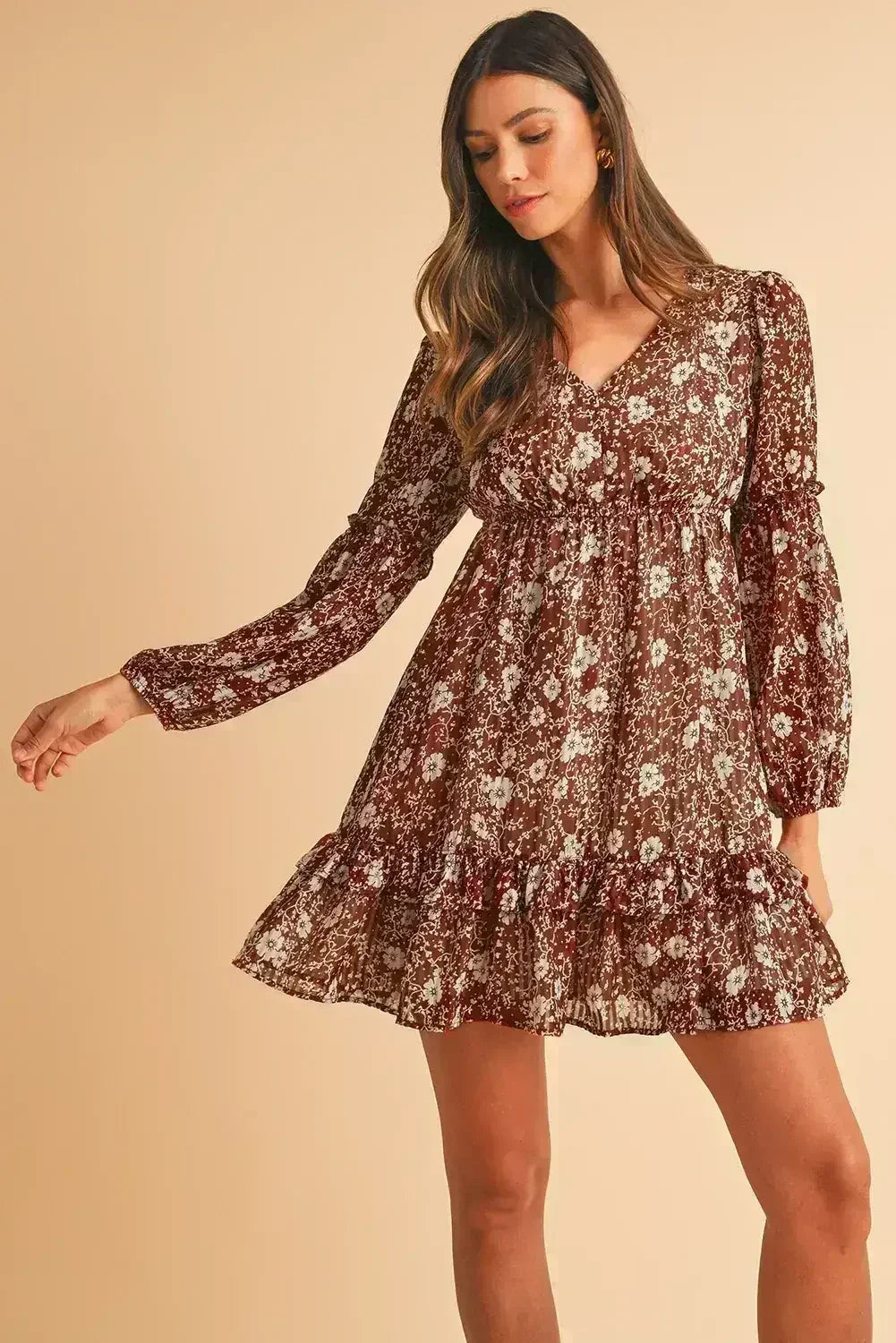 Brown Boho Floral Ruffle Puff Sleeve V Neck Mini Dress - Femstylo
