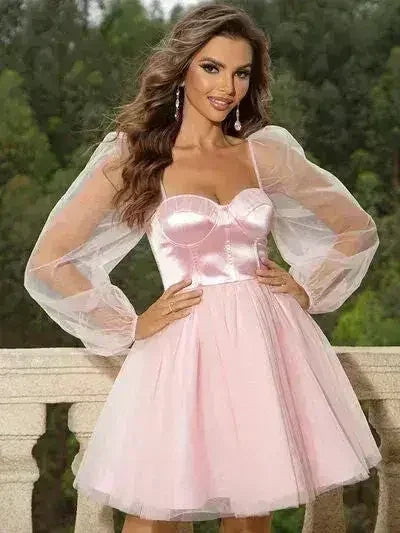 Sweetheart Neck Balloon Sleeve Mini Dress - Femstylo