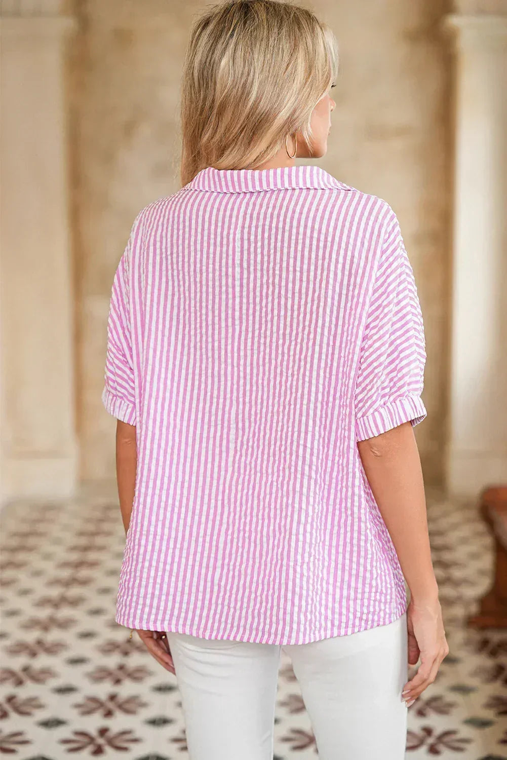Sachet Pink Striped Dolman Sleeve Pop of Color Neckline Blouse