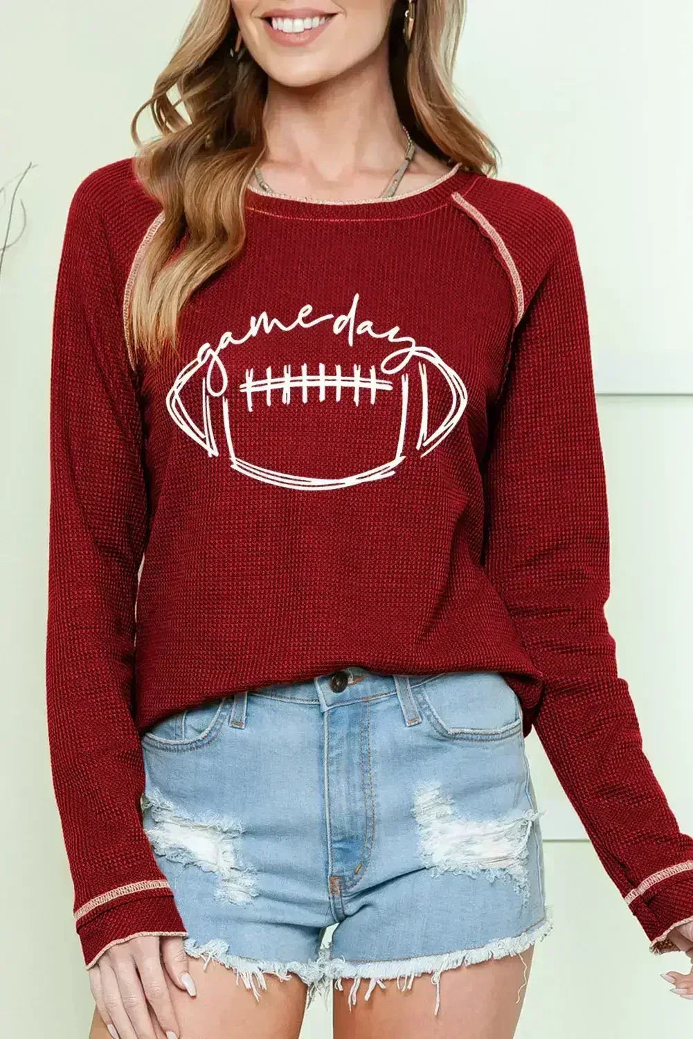 Red Waffle Rugby Graphic Contrast Hem Sweatshirt - Femstylo
