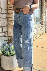 Ashleigh Blue Mineral Wash Distressed Wide Leg Jeans - Femstylo