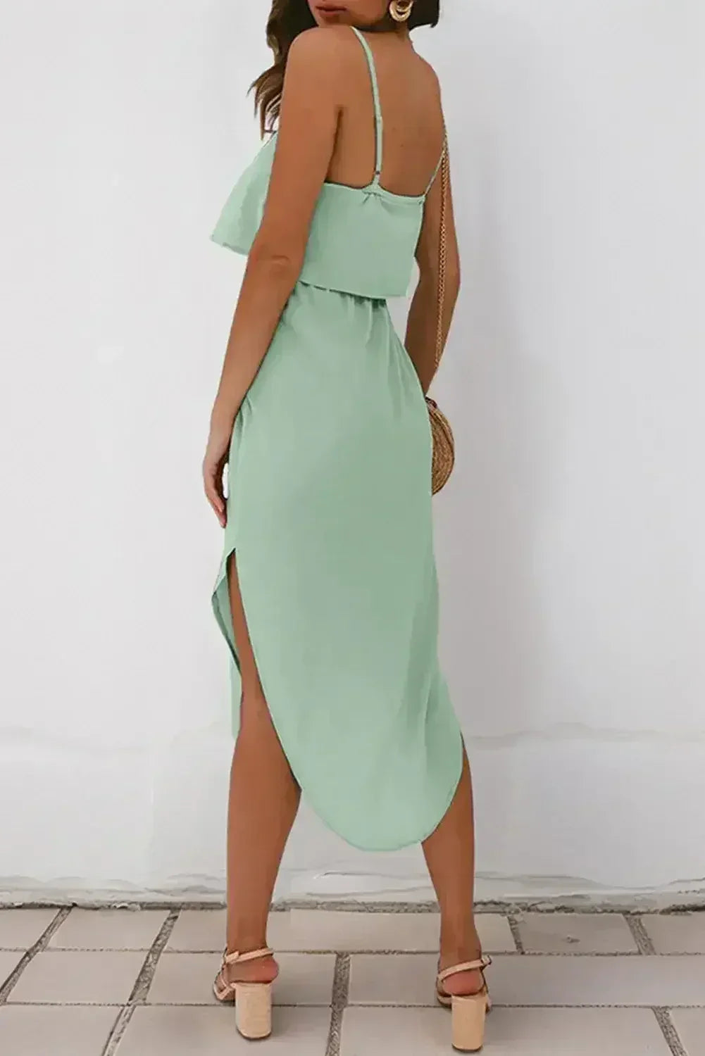 Clearly Aqua Irregular Split Spaghetti Strap Midi Dress - Femstylo