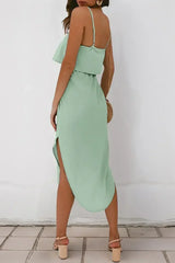 Clearly Aqua Irregular Split Spaghetti Strap Midi Dress - Femstylo