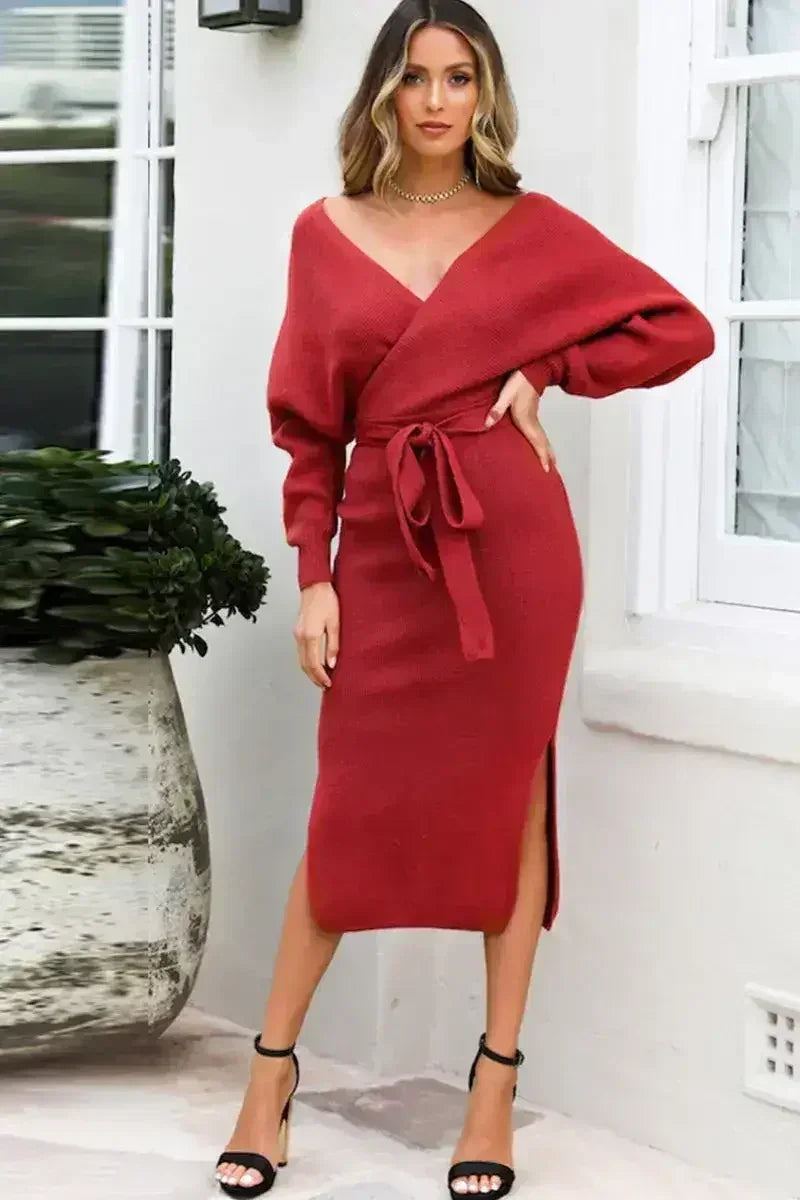 Surplice Neck Bow Waist Slit Sweater Dress - Femstylo