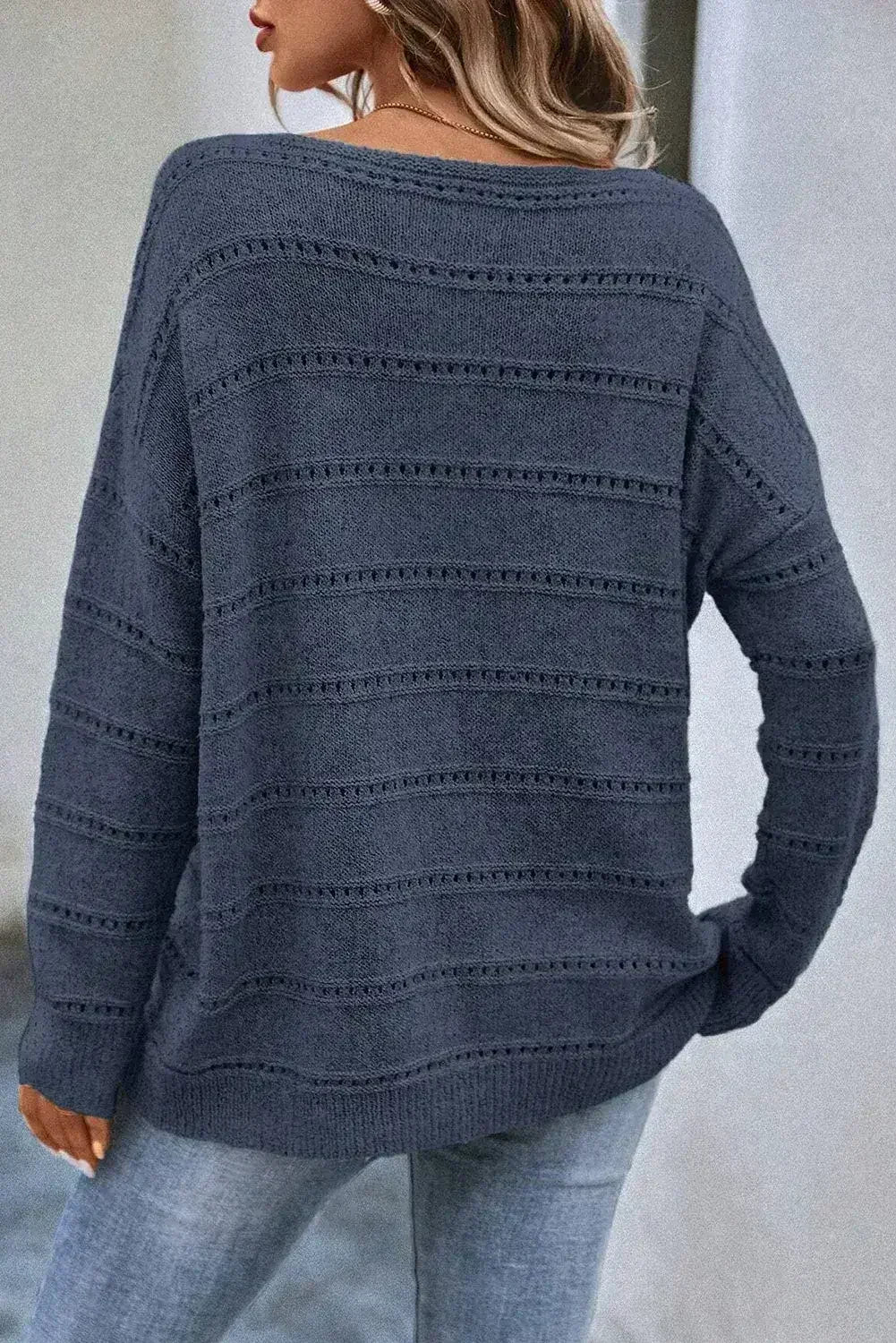 Real Teal Boat Neck Drop Shoulder Pointelle Knit Sweater - Femstylo