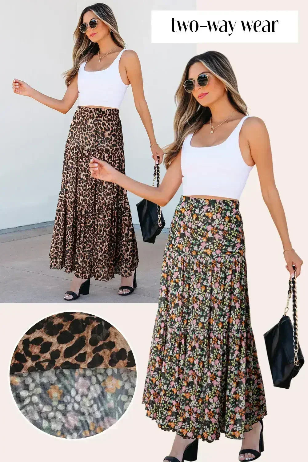 Brown Leopard Floral Reversible Ruffle Hem Maxi Skirt - Femstylo