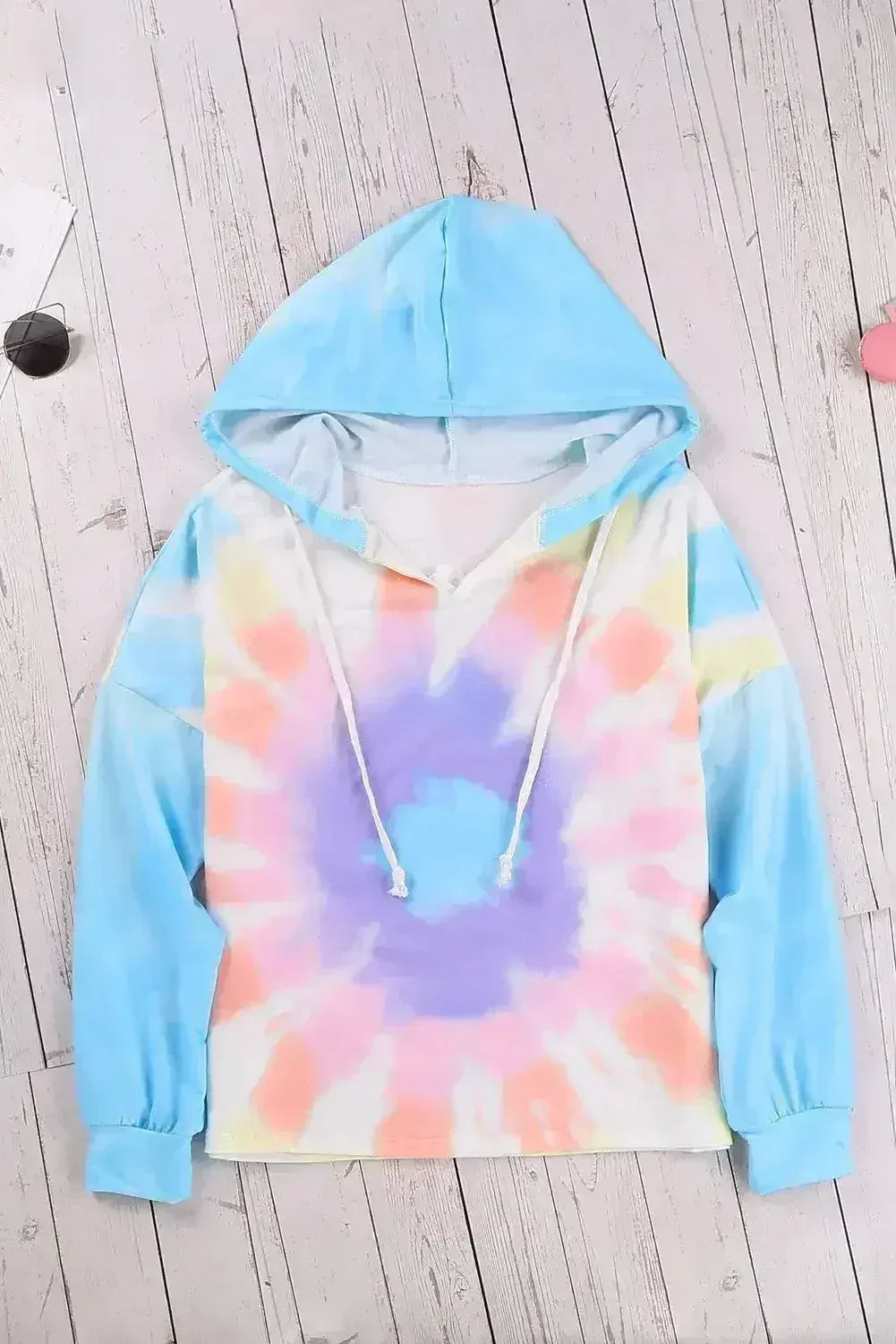 Fashion Sky Blue Colorblock The Sun Cotton Blend Tie Dye Hoodie - Femstylo