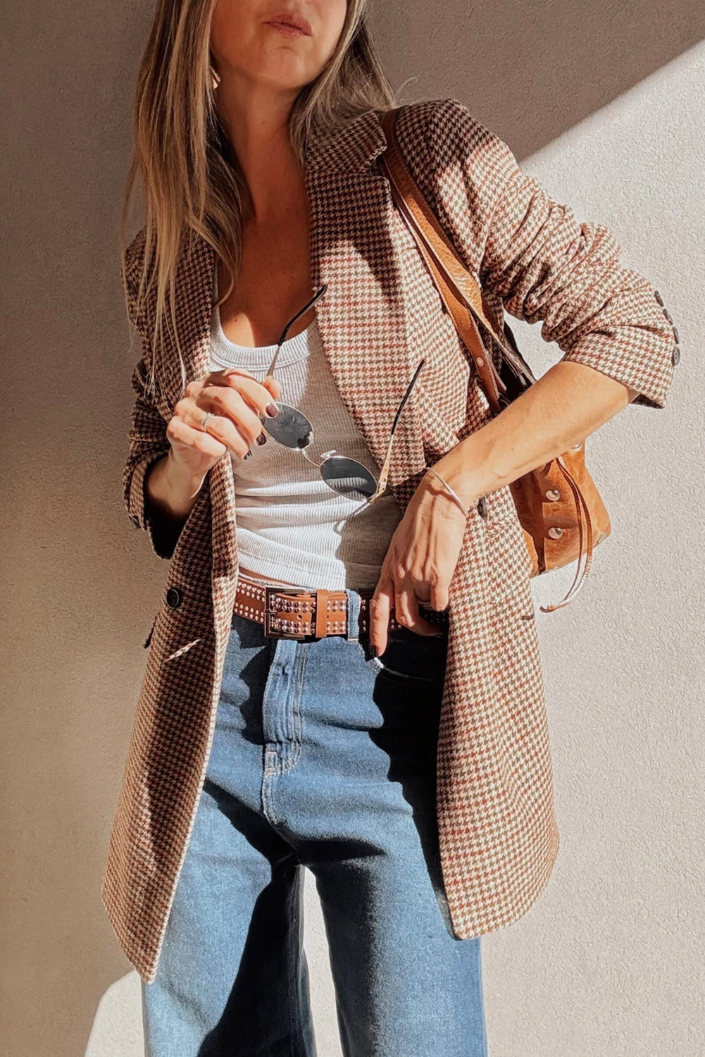 Brown Houndstooth Lapel Collar Blazer | Femstylo