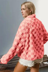 Double Take Checkered Long Sleeve Fuzzy Jacket - Femstylo