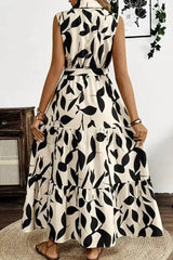 Apricot Abstract Print Knot Waist Collar Sleeveless Maxi Dress - Femstylo