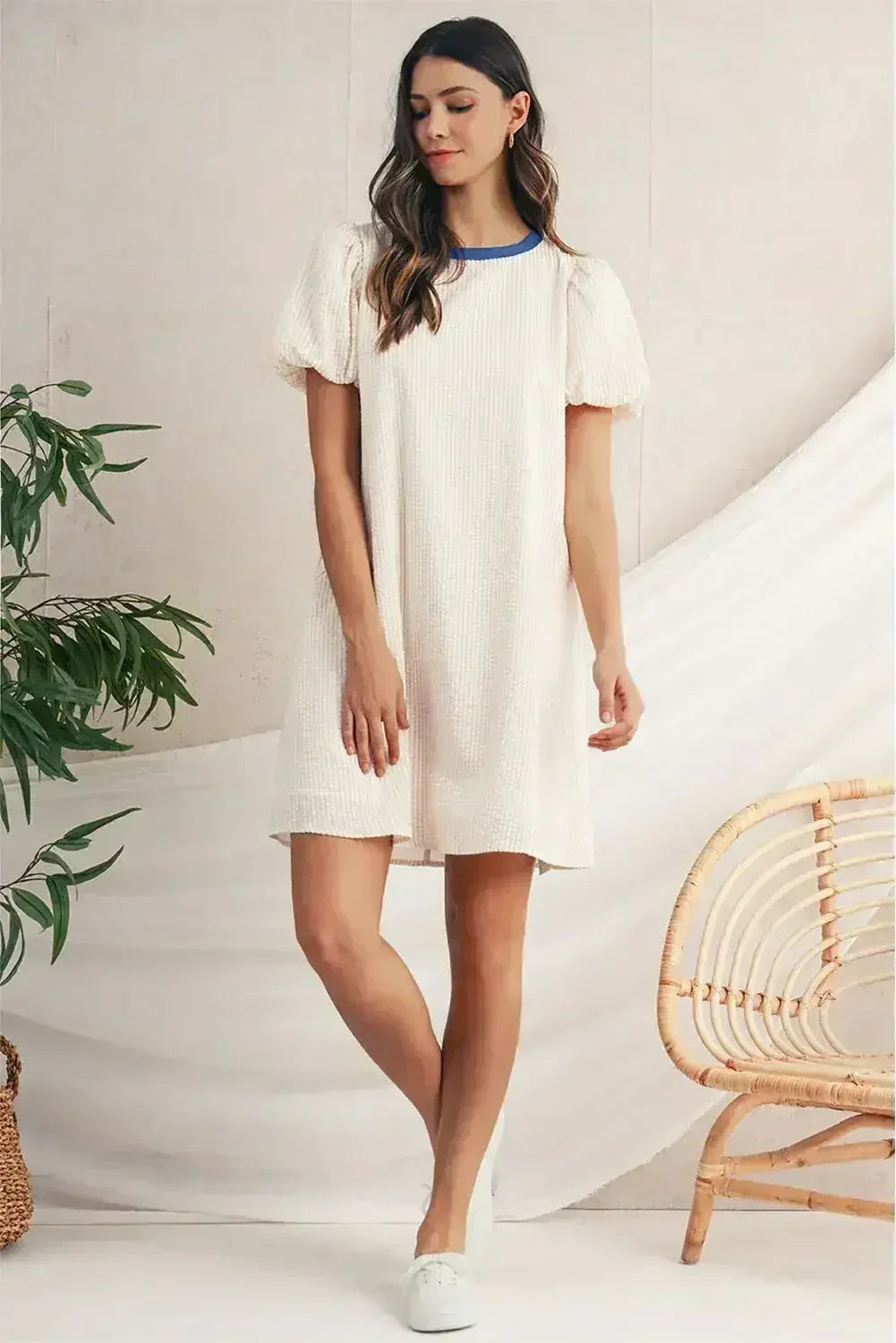 Beige Striped Print Puff Sleeve Textured Mini Dress - Femstylo