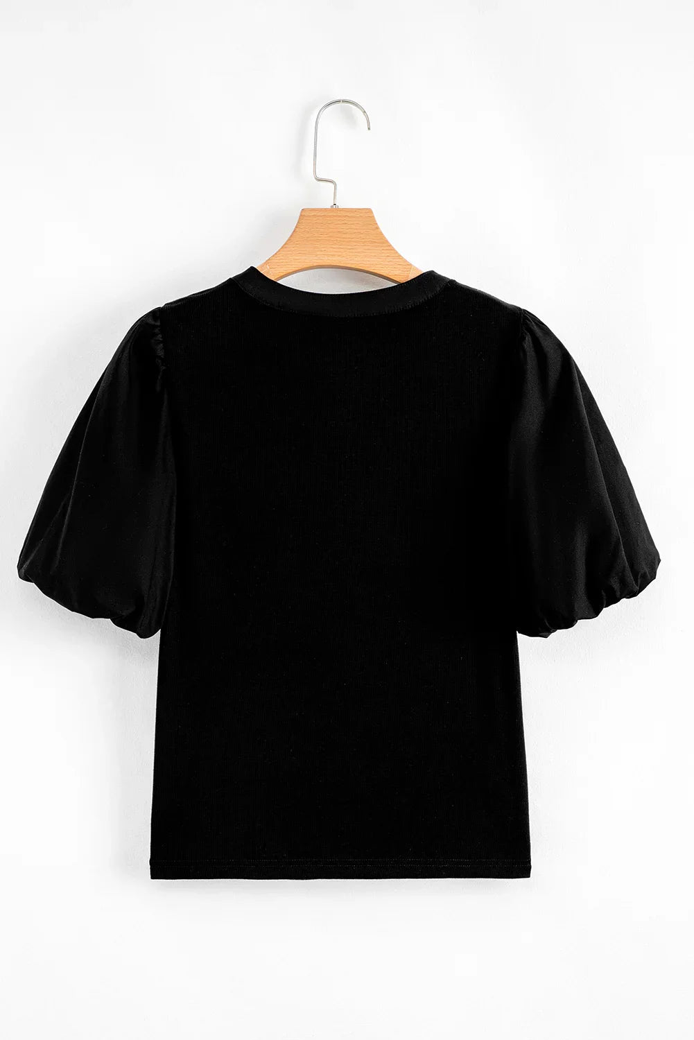 Black Ribbed Patchwork Puff Sleeve Henley Slim Fit Top