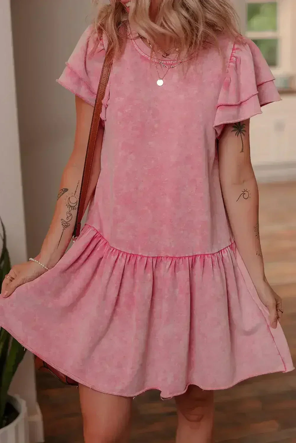Sachet Pink Mineral Wash Raw Edge Ruffle Mini Dress - Femstylo