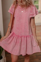 Sachet Pink Mineral Wash Raw Edge Ruffle Mini Dress - Femstylo