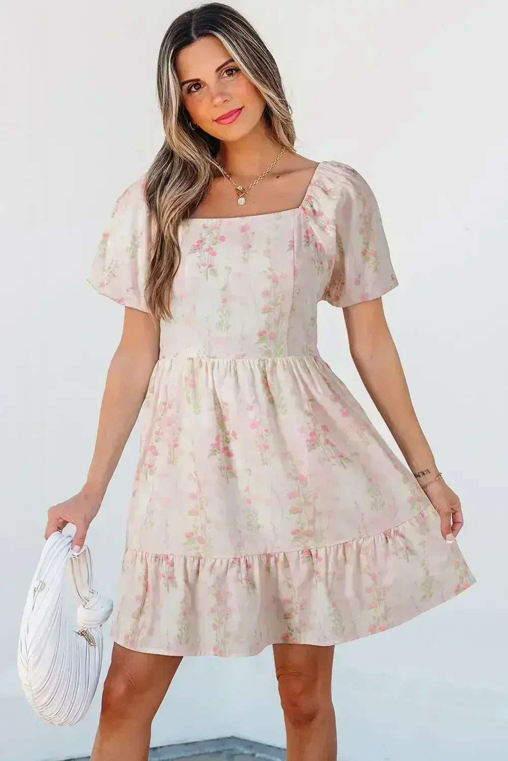 Pink Floral Puff Sleeve Square Neck Knotted Backless Ruffle Mini Dress - Femstylo