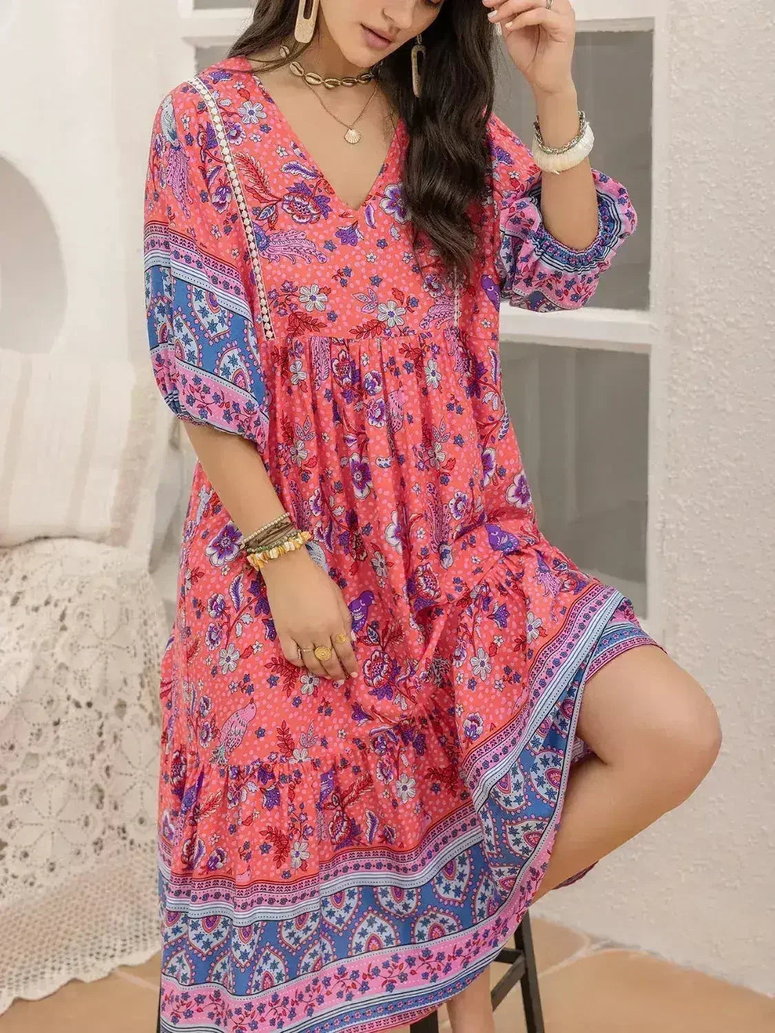 Printed Puff Sleeve Midi Dress - Femstylo