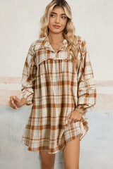 Brown Plaid Print Side Pockets Frill Babydoll Mini Dress - Femstylo