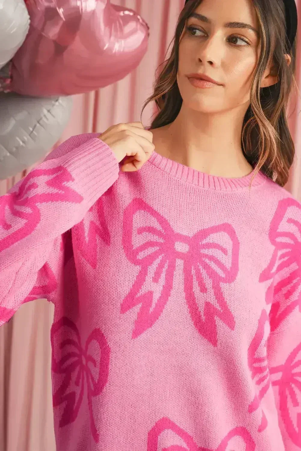 Pink Bow Pattern Drop Sleeve Loose Sweater - Femstylo
