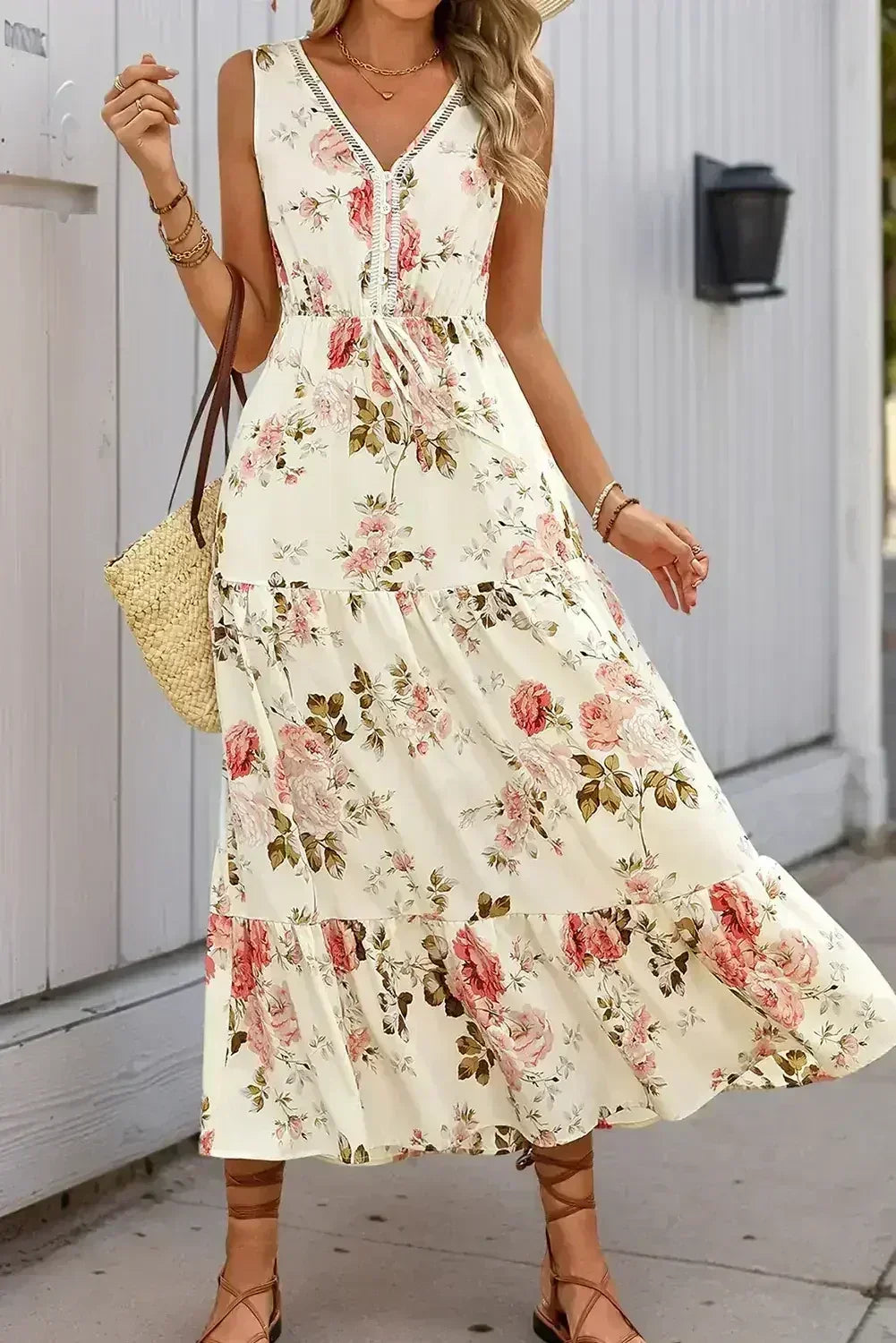 White Floral Print V Neck Sleeveless Tiered Dress - Femstylo