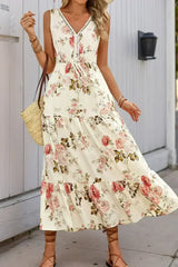 White Floral Print V Neck Sleeveless Tiered Dress - Femstylo