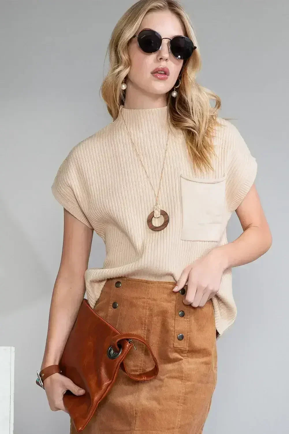 Mineral Red Patch Pocket Ribbed Knit Short Sleeve Sweater - Femstylo