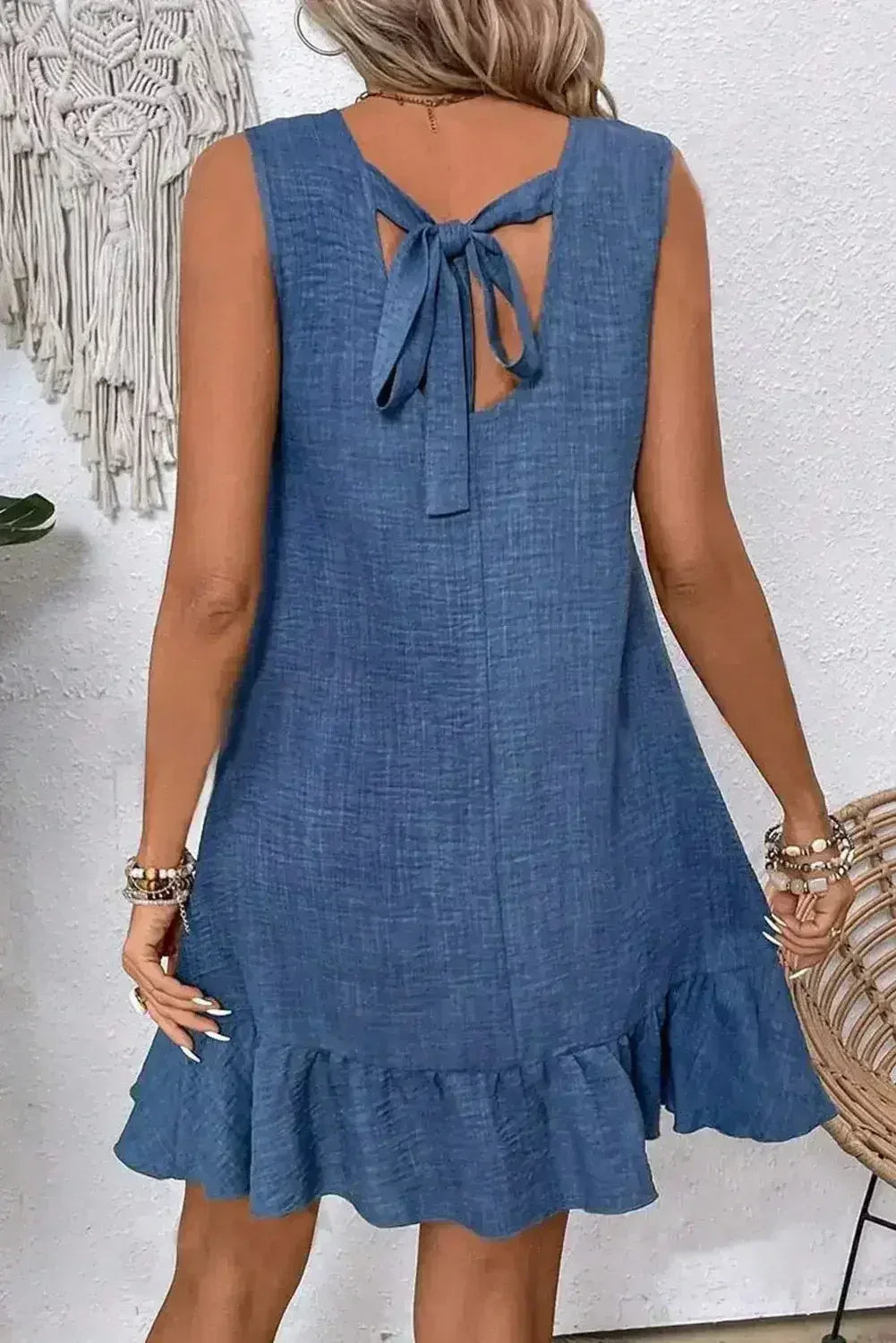 Ashleigh Blue Sleeveless Knot Backless Ruffle Hem Mini Dress - Femstylo