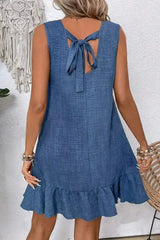 Ashleigh Blue Sleeveless Knot Backless Ruffle Hem Mini Dress - Femstylo