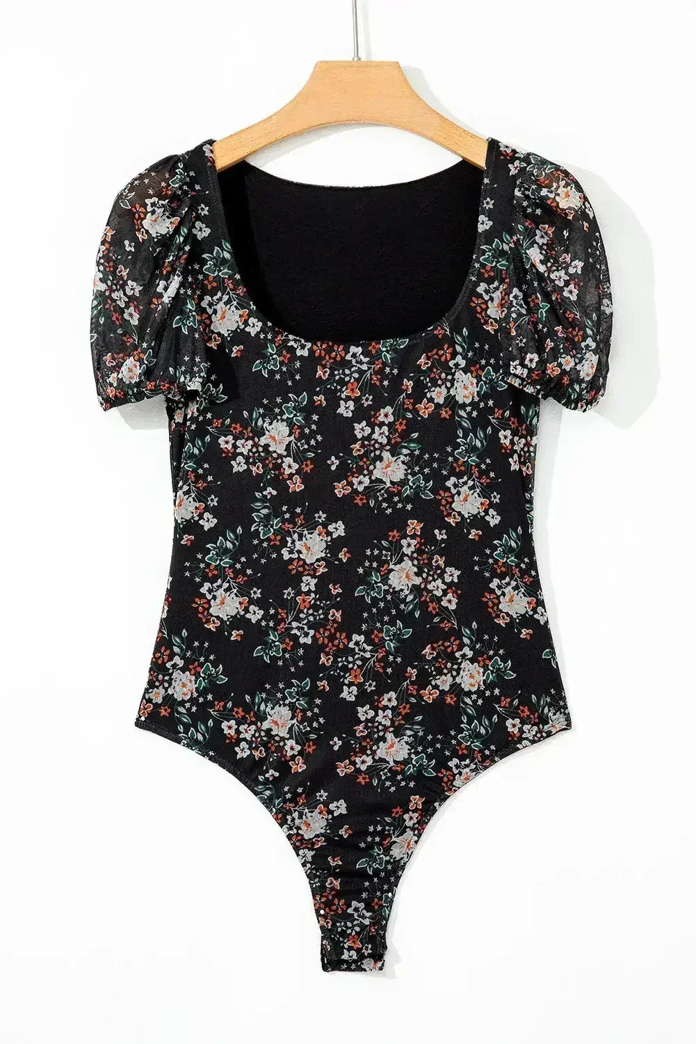 Black Floral Print U Neck Short Puff Sleeve Bodysuit - Femstylo