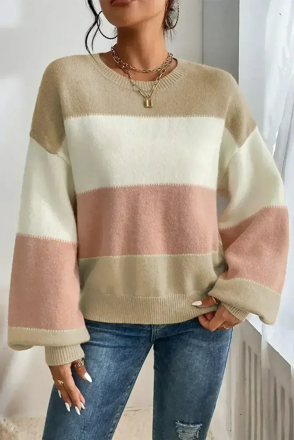 Dusty Pink Color Block Lantern Sleeve Drop Shoulder Sweater - Femstylo